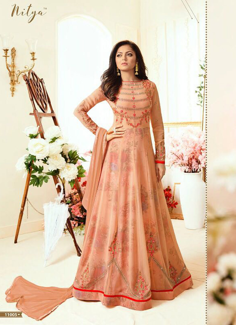 Shop Online Drashti Dhami Peach Embroidered Wedding Wear Floor Length Anarkali Nitya Vol 110 11005 By LT Fabrics SC 006204 At suryavansicreation Salwar Kameez Wholesale India